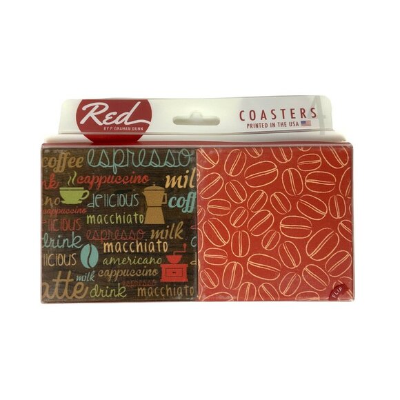 Red By P Graham Dunn Coffee Theme 4 Coaster Set Printed In USA Durable Stylish - Picture 3 of 4